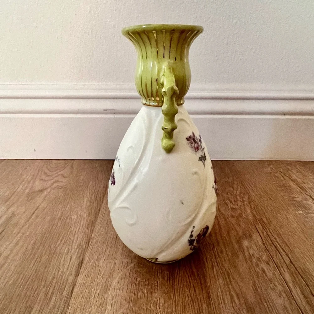 Antique c1910 RW Rudolstadt Germany Porcelain Bisque Floral‎ 2 Handle Vase Fixed
